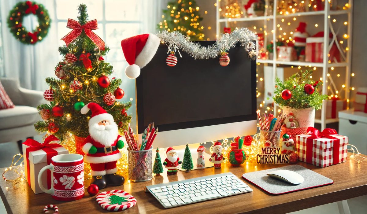 Enveloppe de vœux et cadeau posés sur un bureau
