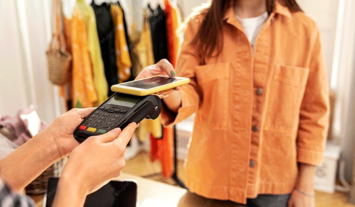 Femme qui paie en caisse dans une boutique de mode